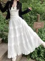 High Waist Plain Eyelet Lace Panel Tiered Maxi A-Line Skirt