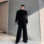 Set: Square Neck Knot Button Blazer + Mid Rise Plain Wide Leg Pants