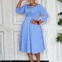 Plus Size 3/4-Sleeve Square-Neck Plain Midi A-Line Dress