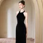 S - Sleeveless Halter Neck Plain Velvet Maxi Sheath Dress