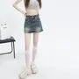High Waist Washed Tassel Trim Denim Skort