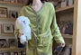Pajama Set: Long Sleeve V-Neck Contrast Trim Button Fleece Top + Plain Straight Leg Pants