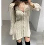 Long-Sleeve V-Neck Plain Cable Knit Button-Up Mini A-Line Dress