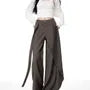 Mid Rise Plain Asymmetrical Wide Leg Dress Pants