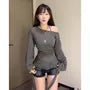 Long-Sleeve Scoop Neck Plain Sashed Slim Fit Top