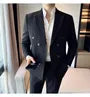 Peak Lapel Plain Double Breasted Blazer / Mid Rise Cropped Tapered Dress Pants / Set