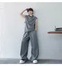 Set: Sleeveless Band Collar Plain T-Shirt + Drawstring Waist Plain Baggy Sweatpants