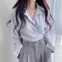 Long-Sleeve Plain Button-Up Wrap Crop Shirt
