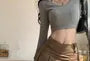 Long-Sleeve V-Neck Plain Crop Tee / Mid Rise Plain Pleated Mini A-Line Skirt