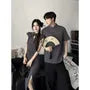 Couple Matching Cap-Sleeve Plain Cutout Ruched Frog Buttoned Slit Midi Sheath Qipao / Elbow-Sleeve Stand Collar Tee / Wide Leg Suit Pants / Set