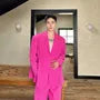 Set: Notch Lapel Plain Buttoned Slit Blazer + Mid Rise Wide Leg Dress Pants