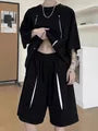Set: Short-Sleeve Crew Neck Contrast T-Shirt + Wide Leg Shorts
