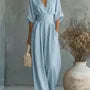3/4 Sleeve V-Neck Plain Wide Leg Jumpsuit