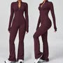 Long-Sleeve Half-Zip Plain Flared Yoga Jumpsuit