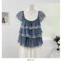 Cap-Sleeve Square Neck Lace Trim Tiered Ruffle Sheer Blouse