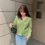 [XL-3XL] Collared V-Neck Plain Faux Pearl Button Cardigan