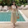 Set: Halter Plain Ruffle Bikini Top + Bottom + Tiered Cover Up Skirt