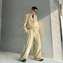 Set: Notch Lapel Plain Cropped Single-Button Blazer + Mid Rise Inverted Pleated Wide Leg Pants
