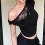One-Shoulder Short Sleeve Asymmetrical Ruched Lace Trim Crop Top