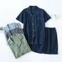 Couple Matching Pajama Set: Short-Sleeve Collared Plaid Top + Elastic Waist Shorts