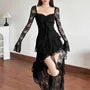Long Sleeve Sweetheart Neck Plain Ruffle High-Low Lace A-Line Dress