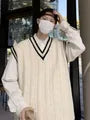 V-Neck Contrast Trim Cable Knitted Sweater Vest