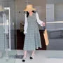 [XL-4XL] Long Sleeve V-Neck Plaid Panel Double Breasted Midi A-Line Dress
