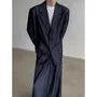 One Buttoned Denim Blazer / High Waist Wide Leg Dress Pants / Set