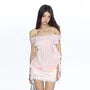 Short-Sleeve Cold Shoulder Striped Ruffle Trim Slim Fit Top