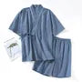 Pajama Set: Elbow-Sleeve Contrast Trim Kimono Top + Shorts
