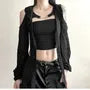 Long-Sleeve Cold-Shoulder Plain Asymmetrical Distressed Hooded Shrug