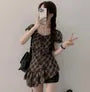 Short-Sleeve Square Neck Plaid Ruffle Trim Asymmetrical Top