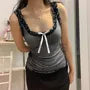 Scoop Neck Check Print Ruffled-Trim Slim-Fit Tank Top