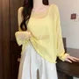 Long-Sleeve Boat Neck Plain Lettuce Edge Sheer T-Shirt