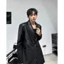 Notch Lapel Plain Faux Leather Panel One-Buttoned Blazer
