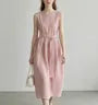 Sleeveless Round Neck Plain Tie-Waist Midi Dress