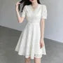 Puff-Sleeve V-Neck Midi A-Line Lace Dress