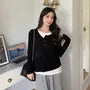Long Sleeve Mock Two Piece Color-Block Loose-Fit Tee