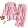 Pajama Set: Elbow-Sleeve Plain Kimono Top + Elastic Waist Pants