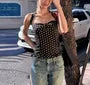 Halter Neck Dotted Ruffled Hem Slim-Fit Tank Top
