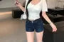 Short-Sleeve Scoop Neck Plain Crop Knit Top / Mid Rise Washed Denim Shorts