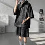 Set: 3/4-Sleeve Tie Dye Grommet Half-Zip Hoodie + Elastic Waist Wide Leg Sweat Shorts