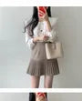 Long-Sleeve Layered Collar Plain Heart Button Blouse / High Waist Plain Accordion Pleated Mini A-Line Skirt