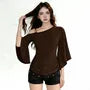 3/4-Sleeve Cold Shoulder Plain Ruched Slim Fit T-Shirt
