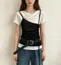 Short Sleeve Mock Two Piece Cowl Neck Color-Block Slim-Fit Top