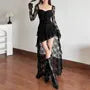 Long Sleeve Sweetheart Neck Plain Ruffle High-Low Lace A-Line Dress