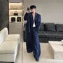 Set: Peak Lapel Striped Double-Breasted Blazer + Mid Rise Wide Leg Dress Pants