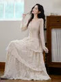 Long-Sleeve V-Neck Lace Maxi A-Line Tiered Dress