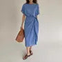 Short Sleeve Round Neck Plain Tie-Waist Midi Dress