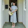 [XL-4XL] Short-Sleeve Stand Collar Lace Midi A-Line Dress